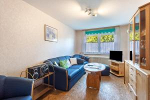 a living room with a blue couch and a tv at Ferienwohnungen Lindenhof in Eimelrod