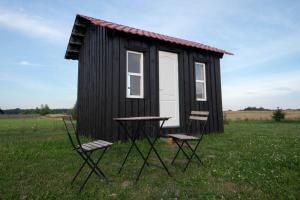 卡尔克尔Campsite mini homes "Klevas"的田野里有一间黑色棚子，里面有两把椅子和一张桌子