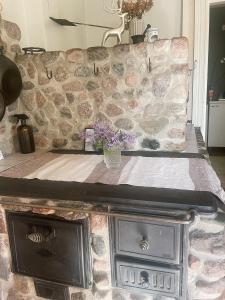 a stone fireplace with a counter and a stone wall at Pihlajaharju Countryside Escape in Somero