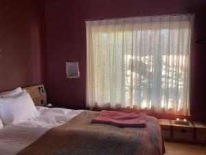 a bedroom with a bed and a window with a towel on it at Secret break Hebara in Katsuura