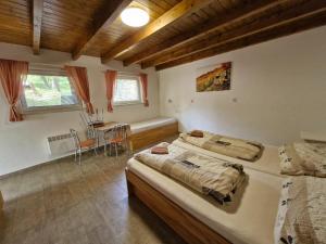 a bedroom with two beds and a table in it at Apartmány pod pergolou in Bořetice