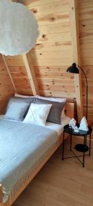 a bedroom with a bed and a lamp on a table at Hill House Žabljak in Žabljak