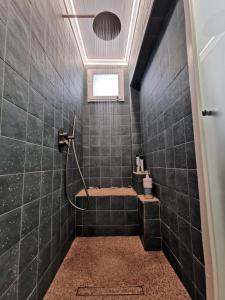 a black tiled bathroom with a shower with a hose at Petrasdream Lefkada in Lefkada +14 photos