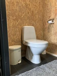 a bathroom with a toilet and a trash can at Erillistalo keskustassa in Seinäjoki