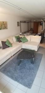 a living room with a couch and a coffee table at Ferienwohnung Am Backhausgarten in Flonheim +12 photos