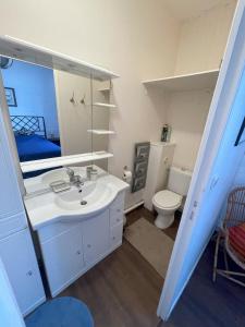 a bathroom with a sink and a toilet and a mirror at Maison de plage in Châtelaillon-Plage +26 photos