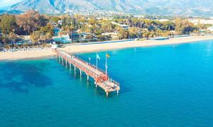 una vista aerea di un molo in acqua accanto a una spiaggia di Penthouse with private pool, hot tub jacuzzi with sea views and chill-out zone, close to the sea a Marbella