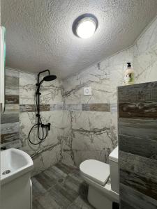 a bathroom with a toilet and a bike on the wall at Alta Vista Apollonia in Sozopol