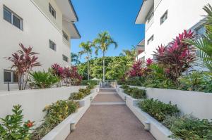a walkway between two buildings with plants and palm trees at Gregory Street 31 in Townsville