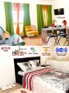 eine Darstellung eines Zimmers mit einem Bett und einem Tisch in der Unterkunft Cloud Nine, 5mins ORLY Airport in Athis-Mons