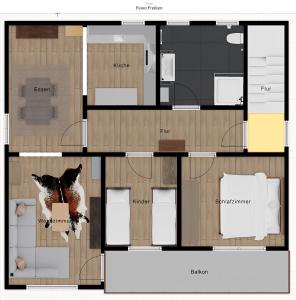 a floor plan of a house with a cat sitting on a chair at FeWo Freiken 28 in Arnsberg