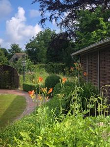 a garden with orange flowers next to a house at Ferienwohnung "Strandoase" in Burhave