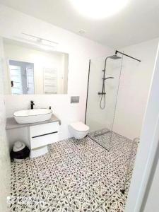a bathroom with a sink and a toilet and a shower at Willa Loka Apartamenty in Władysławowo +12 photos