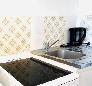 een keuken met een spoelbak en een aanrechtblad bij Appartement rue Lecourbe in Parijs