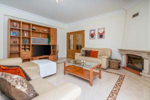 a living room with a couch and a fireplace at Casa Village in Senhora do Verde