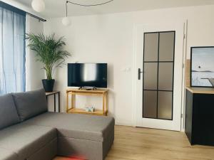 a living room with a couch and a flat screen tv at Chojnice Gryf in Chojnice