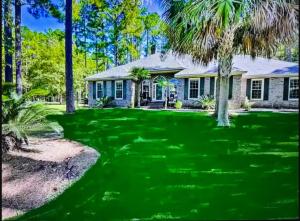 a house with palm trees in front of it at Georgia's Nature Retreat On Old Mill Pond in Statesboro
