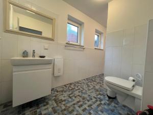 a bathroom with a toilet and a sink and a mirror at Ferienwohnung Rotbuche, 25517 in Weener +8 photos