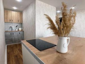 a kitchen with a vase with a plant on a counter at Grand Alatau Apartment in Astana