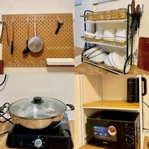 two pictures of a kitchen with a pot on a stove at JPO Camping Style NineInn Homestay in Kulai +20 photos