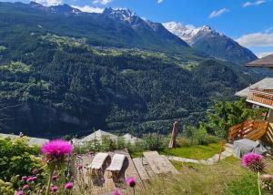 a view of a mountain valley with benches and flowers at Mattertal Lodge in Embd