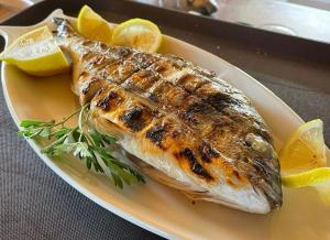 a fish on a plate with oranges and lemons at White Houses Complex in Fier