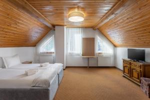 a large room with two beds and a flat screen tv at GENESIS by Eden in Predeal