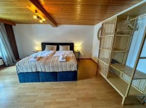 a bedroom with a bed and a book shelf at City Center View Apartment 2 in Interlaken