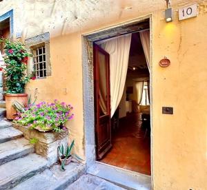 an open door to a house with flowers on the steps at Vicolo della Scala Rooms in Cortona