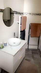 ein weißes Badezimmer mit Waschbecken und Spiegel in der Unterkunft Appartement saint ouen 45M2 in Saint-Ouen