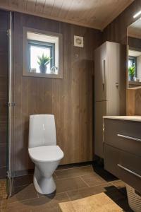 Un baño con inodoro, lavabo y ventana. en Harevadet 78, en Volda 28 fotos más