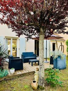 a patio with two blue chairs and a tree at Le Bon Compromis in Poitiers