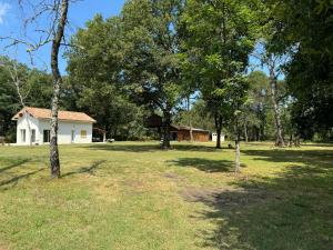 a yard with a white house and trees at Maison 4 personnes avec piscine in Bourriot-Bergonce