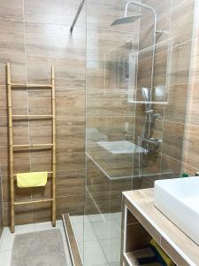 een badkamer met een glazen douche met wastafel bij Rise of Olympus apartmani in Zadar