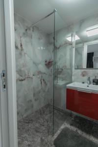 ein Badezimmer mit Glasdusche und Waschbecken in der Unterkunft Vila Mario in Galaţi + 16 Fotos