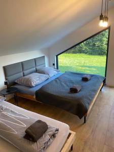 two beds in a room with a large window at Tiny house & AC in Banská Štiavnica