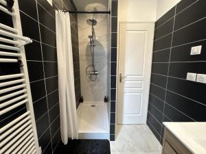 a bathroom with a shower with black tiles at Centre Ville avec Garage - Parking in Troyes