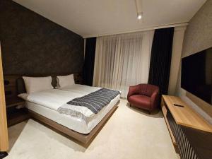 a bedroom with a bed and a tv and a chair at Woodside apartments Kopaonik in Kopaonik