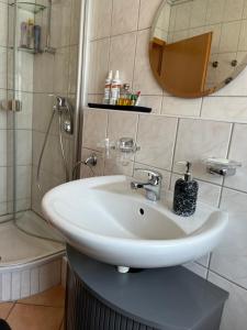a bathroom with a white sink and a shower at Ferienwohnung INKA am Eifelsteig Kall in Kall +16 photos