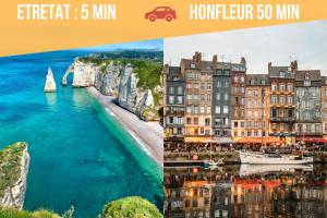 a collage of two photos of a building next to the water at Domaine des Falaises in Villainville