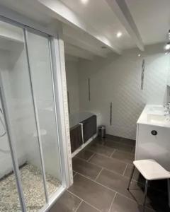 une salle de bain avec douche et lavabo dans l'établissement Maison de charme à Savigny-sur-Clairis avec piscine et sauna., à Savigny-sur-Clairis 14 autres photos