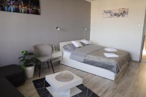 a bedroom with a bed and a chair and a table at Üveghíd Apartman in Sátoraljaújhely