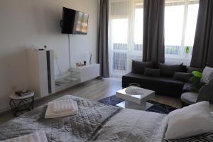 a living room with a bed and a couch at Üveghíd Apartman in Sátoraljaújhely
