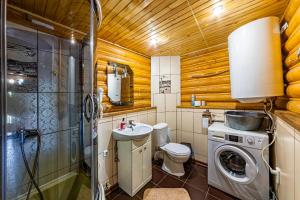 a bathroom with a toilet sink and a washing machine at Затишні котеджі SVI in Bukovel +89 photos