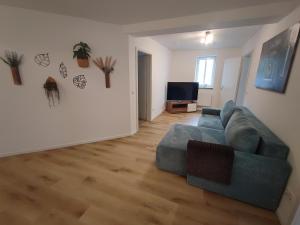 a living room with a couch and a television at FeWo Planer Altstadtwohnung mit Terrasse & Parkplatz in Memmingen