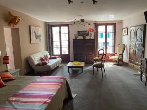 a living room with a bed and a couch at Hotel Vidal in Céret