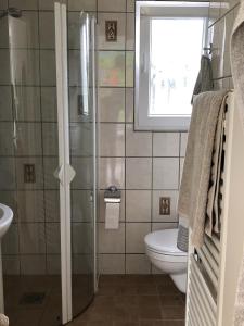 グレーミッツにあるHaus Piratennestのバスルーム(シャワー、トイレ付)、窓が備わります。