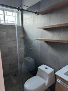 a bathroom with a toilet and a glass shower at Hermosa cabaña en Guarne in Copacabana +6 photos