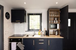 a kitchen with blue cabinets and a sink at Pierside Apartments Deluxe Accommodation in Portsalon