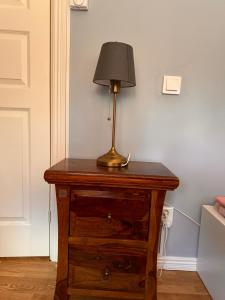a lamp sitting on top of a wooden dresser at Röd Stuga by Falunio in Södertälje